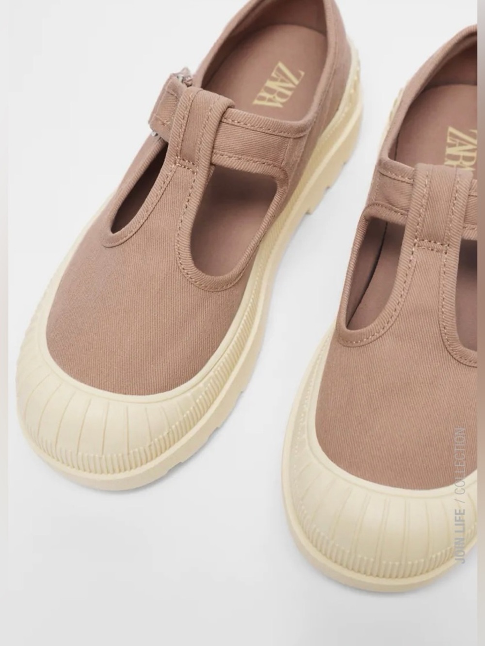 Zara Kids Beige-Taupe T‑Strap Canvas Sneakers with Cream Toe
